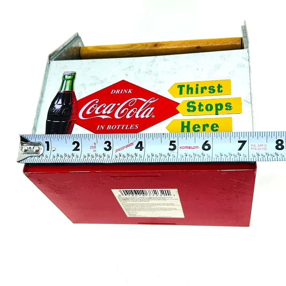 Coca Cola Galvanized Metal Tin Caddy Wooden Handle Thirst Stops Here Retro Decor